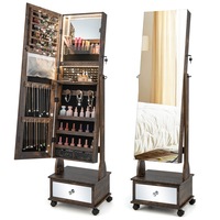 Giantex Mobile Jewelry Mirror Cabinet Adjustable Angle Jewelry Organiser w/3-Color LED Light/Foldable Shelf & Drawer Rustic Brown