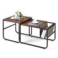 Giantex 2 PCS Wood Nesting Coffee Table Stackable Side Table w/ Magazine Holder End Table Black Steel Frame Living Room Bedroom