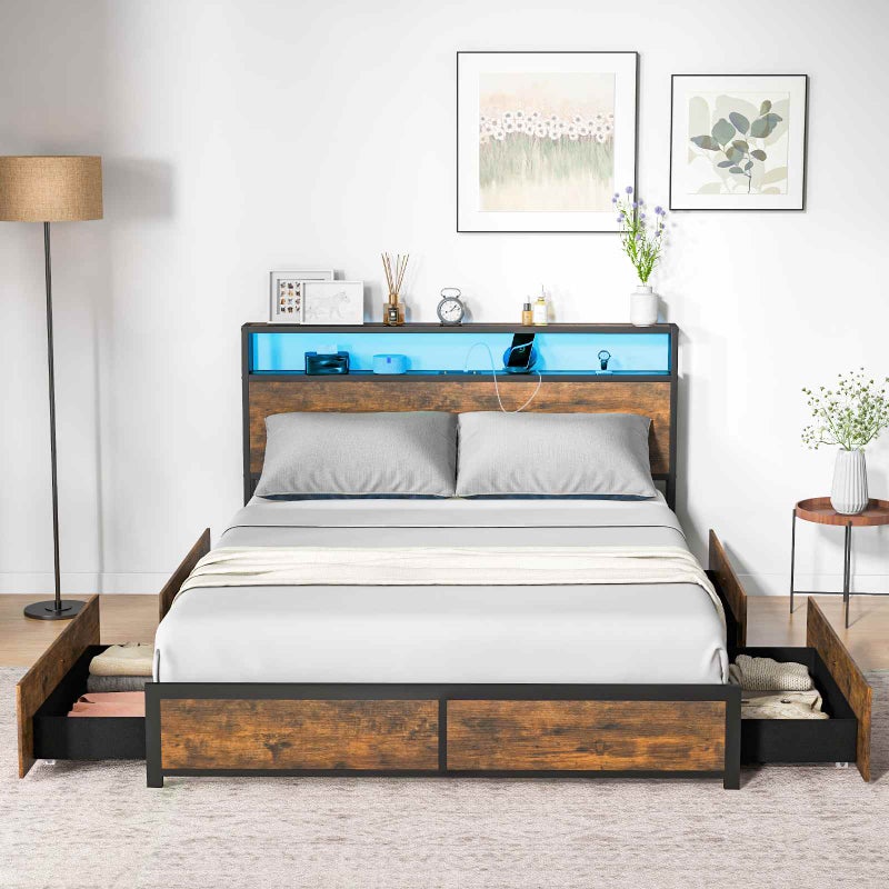 Buy Giantex Queen Size Metal Bed Frame App Control RGB LED Mattress Platform  w/Storage Headboard &4 Drawers, Rustic Brown - MyDeal