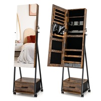 Giantex Mobile Mirror Jewelry Cabinet Full Length Mirror & Drawers Makeup Organizer Storage Cabinet Brown