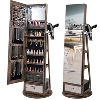 Giantex Swivel Mirror Jewelry Cabinet LED Light Lockable Jewelry Organiser w/Hair Dryer Rack & Storage Shelves & Foldable Drawer Rustic Brown