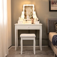 Giantex Vanity Table Set w/10 Brightness Adjustable LED Lights Mirror 3 Drawers 2 Dividers Cushioned Stool Makeup Dressing Table White