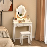 Giantex Vanity Table Set w/10 Brightness Adjustable LED Lights Oval Mirror 4 Drawers Cushioned Stool Makeup Dressing Table White