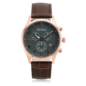Tensity 44mm Leather Strap Black Dial 3 Hand Chronograph Watch