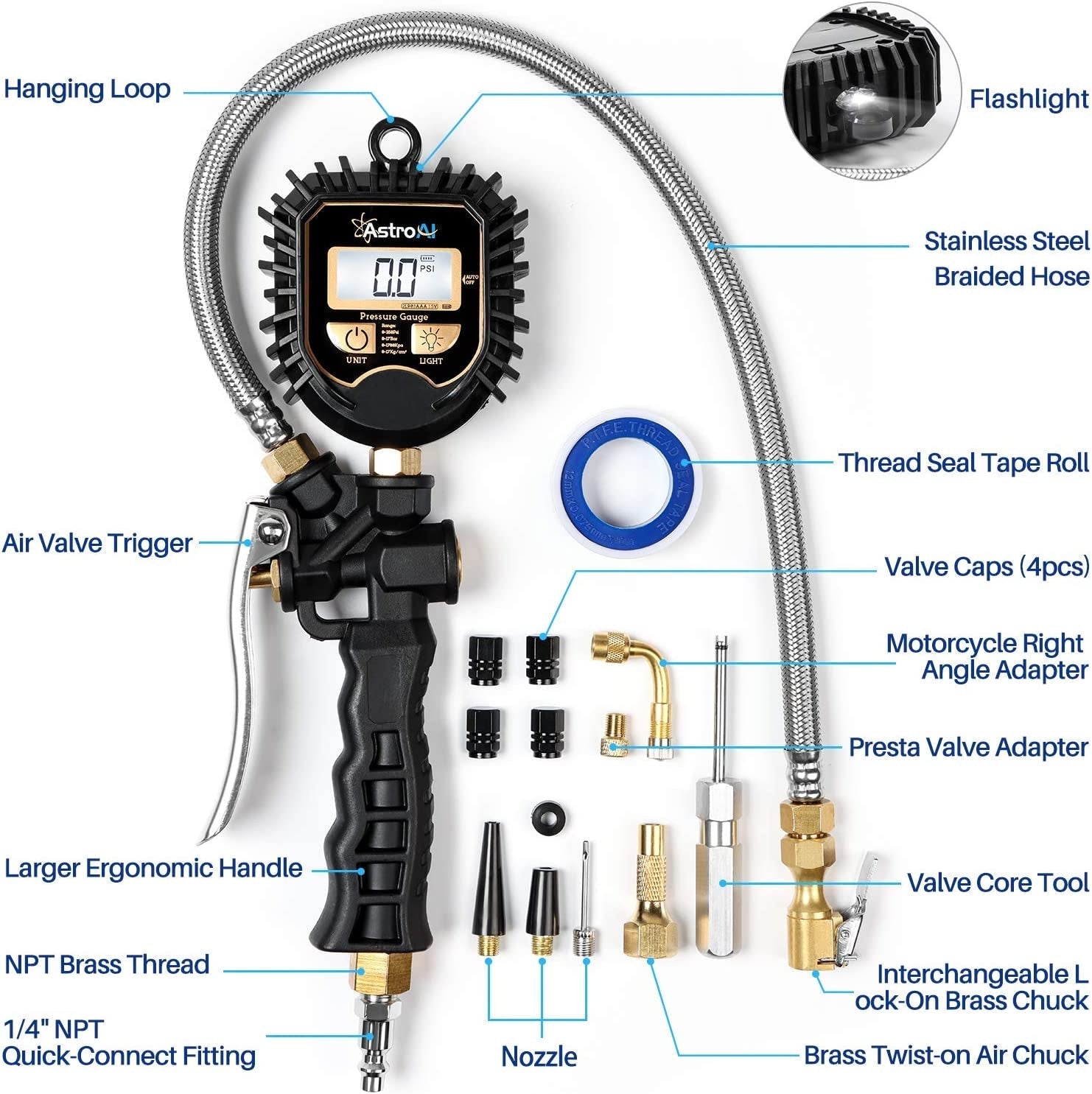 Buy Astroai Digital Tire Pressure Gauge Heavy Duty Tire Inflator Gauge 250PSI Air Chuck Compressor Accessories with Stainless Braided Hose Rotatable Dial Quick Connect Coupler for Truck Rv Suv MyDeal
