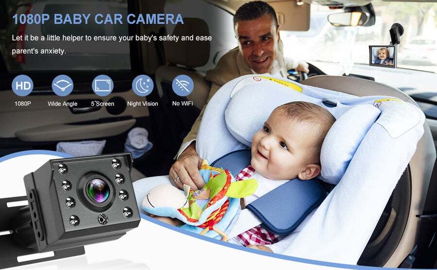 1080P 5 HD'' Baby Car mirror Camera, Night Vision Baby Car Seat