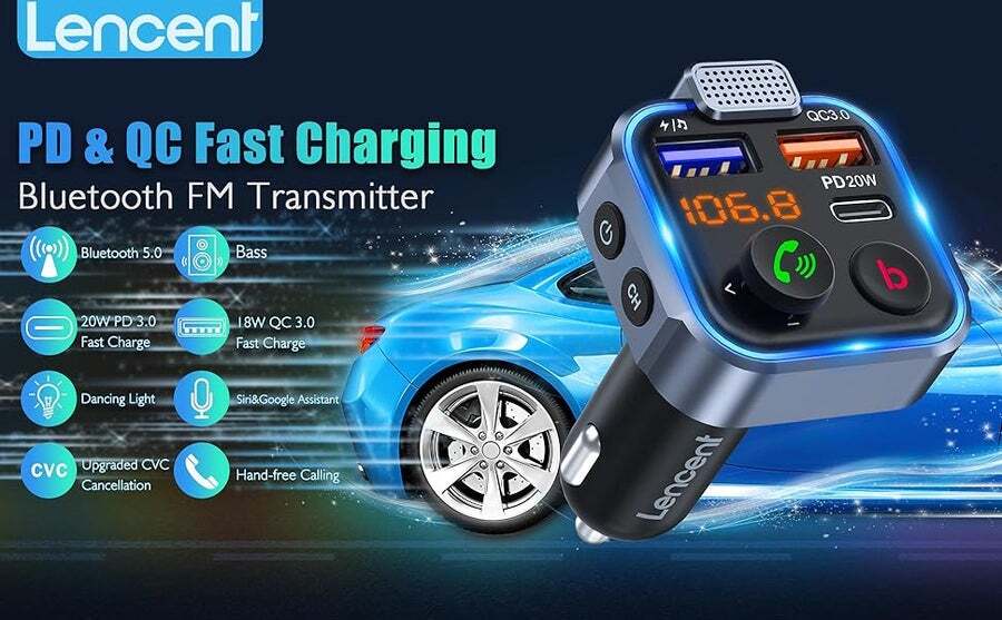 LENCENT Bluetooth 5.0 FM Transmitter for Car, [PD 20W + QC 3.0] Cigarette  Lighter Charger Music Radio Adapter, Wireless Microphone & HiFi Bass Sound,  Supports Hands-Free Siri Google Assistant 