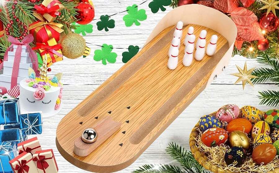 Tabletop Mini Bowling Game Set,funny White Elephant Gifts For Adults,wooden  Mini Bowling Set For Home Office Desk Toys Stress Relief Gadgets,stocking