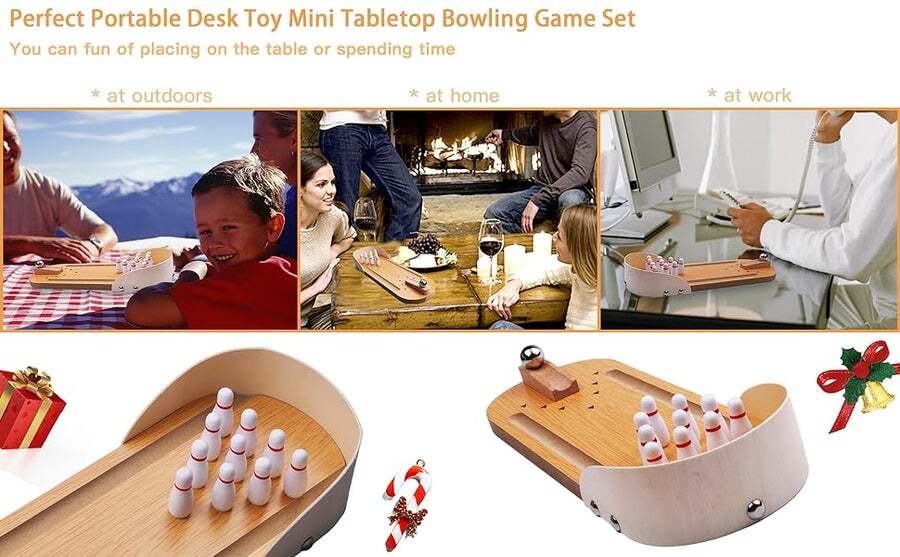 Tabletop Mini Bowling Game Set,funny White Elephant Gifts For Adults,wooden  Mini Bowling Set For Home Office Desk Toys Stress Relief Gadgets,stocking