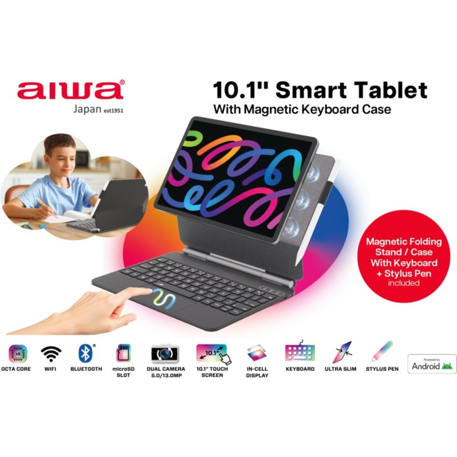 AIWA 10.1" Pro Smart Tablet with Magnetic Keyboard Case and Bonus Stylus - Black