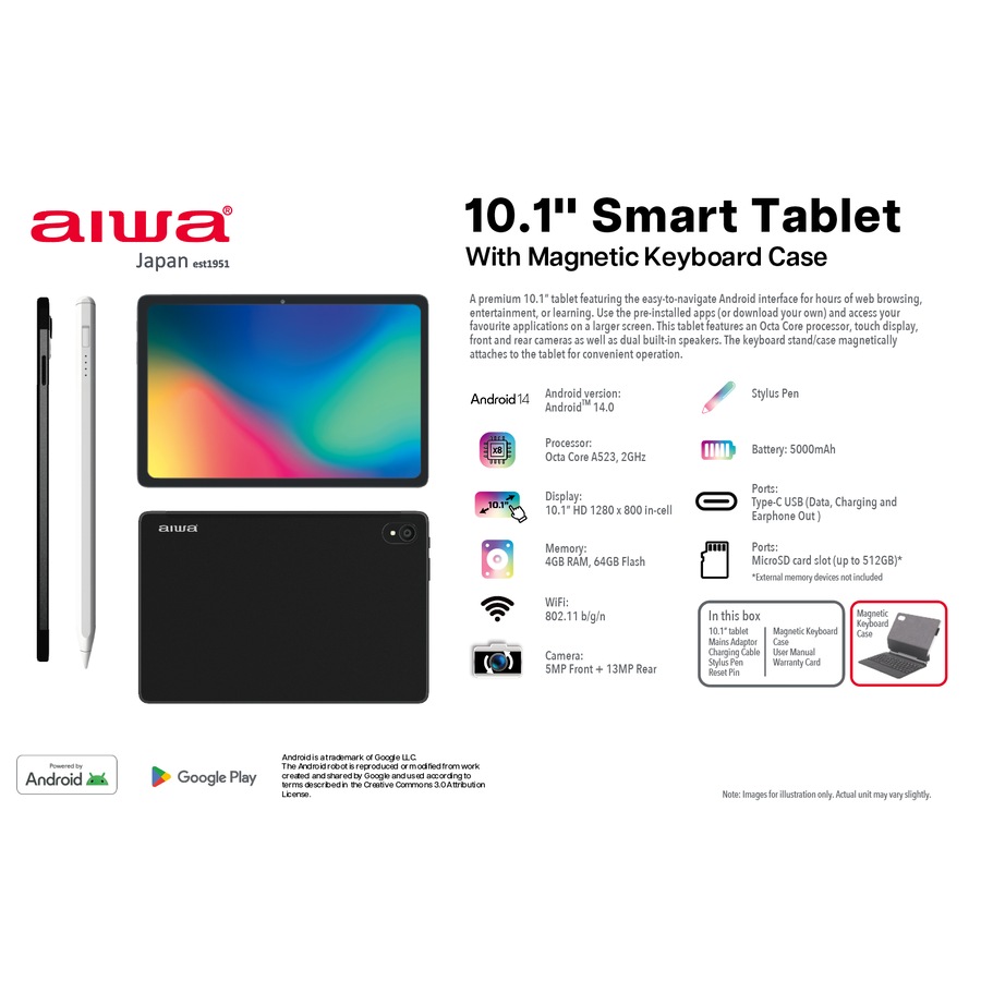 AIWA 10.1" Pro Smart Tablet with Magnetic Keyboard Case and Bonus Stylus - Black