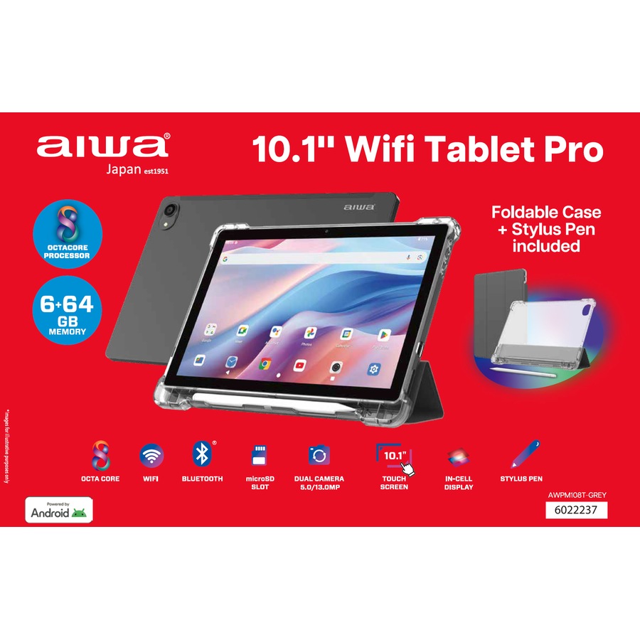 AIWA 10.1" Pro Wifi Tablet (Grey) with Stylus Pen and Foldable Case