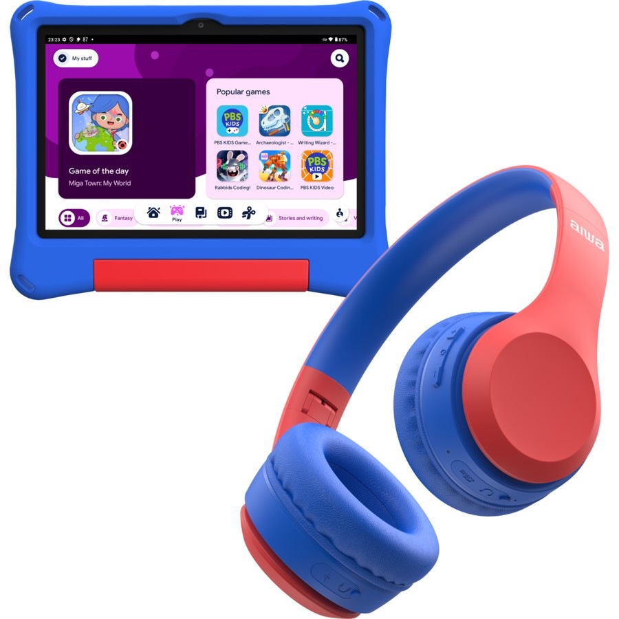 AIWA 10.1" Blue WiFi Tablet with Protective Case & Bonus Bluetooth Headphones - Blue/Red