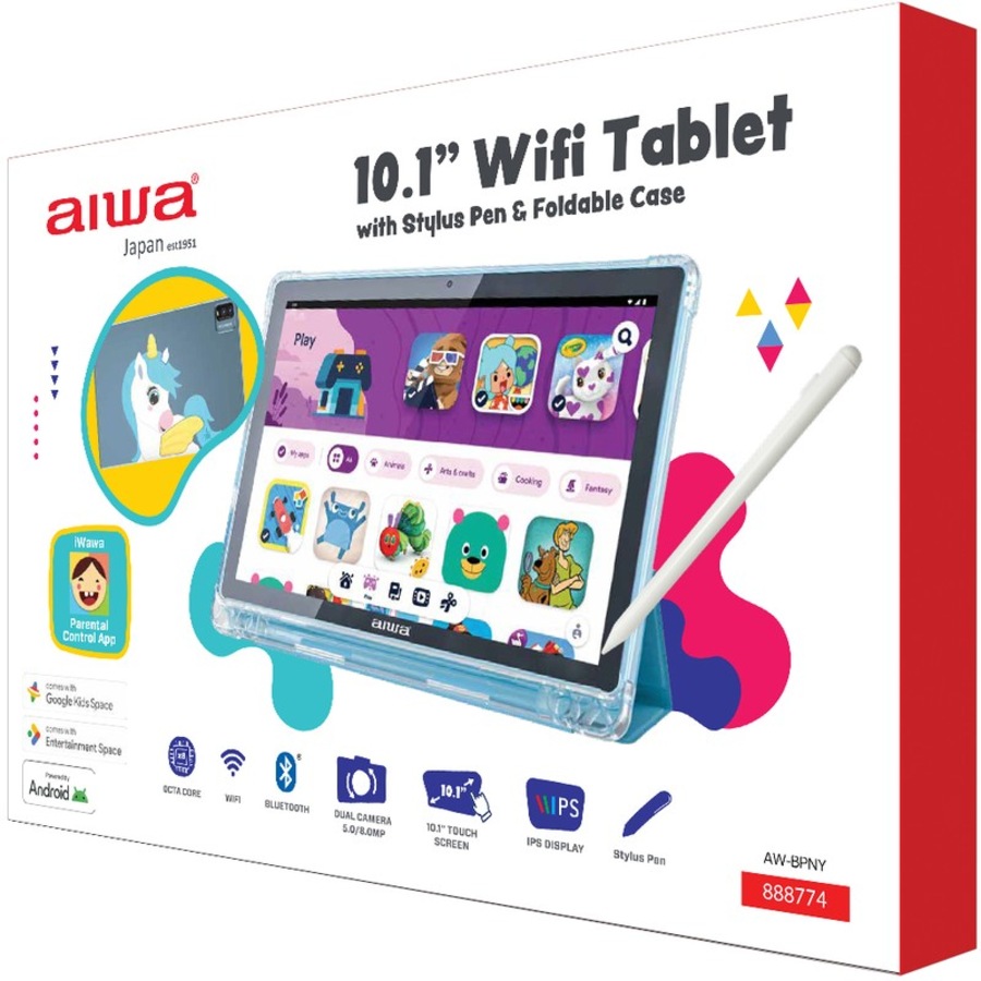 AIWA 10.1" WiFi Tablet with Stylus Pen & Foldable Case - Blue Pony