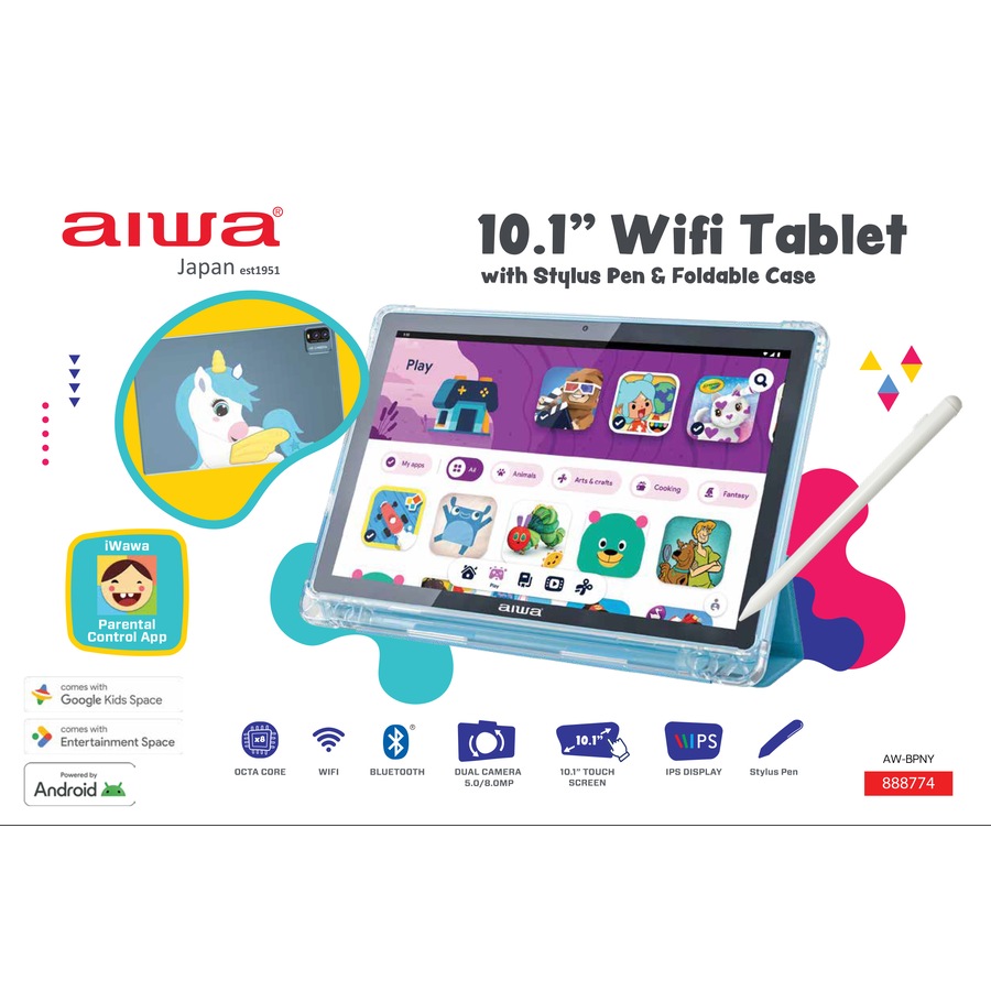AIWA 10.1" WiFi Tablet with Stylus Pen & Foldable Case - Blue Pony