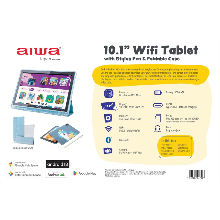 AIWA 10.1" WiFi Tablet with Stylus Pen & Foldable Case - Blue Pony