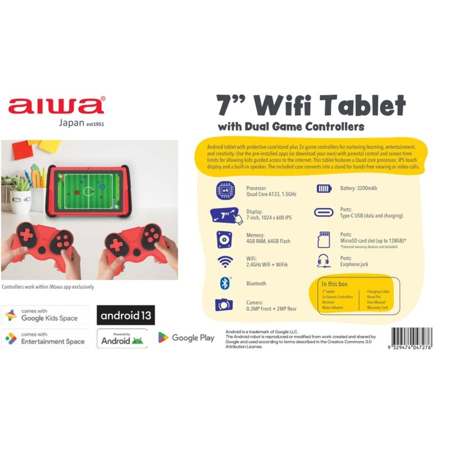 AIWA 7" WiFi Tablet with Dual Game Controllers - Red