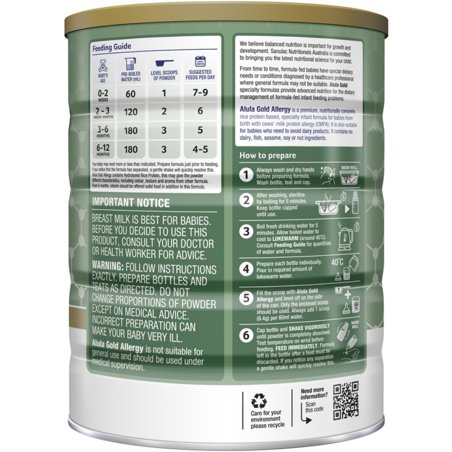 Alula Gold Allergy Infant Formula, 0-12 Months Rice 800g