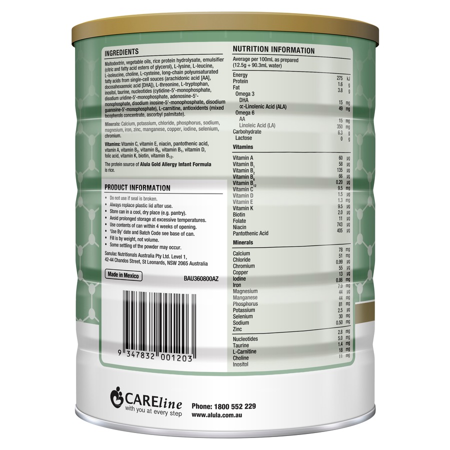 Alula Gold Allergy Infant Formula, 0-12 Months Rice 800g