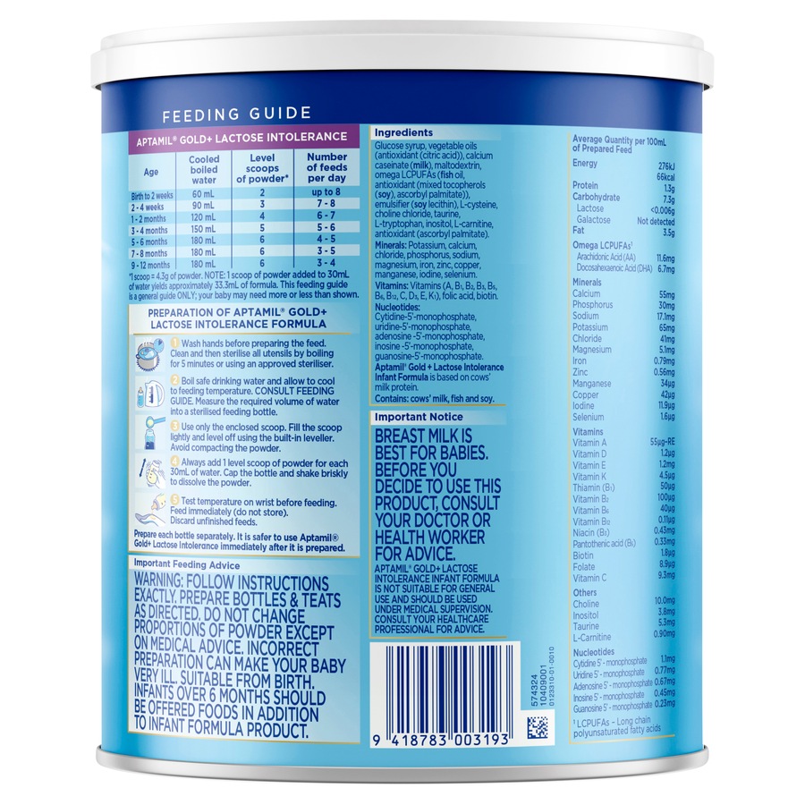Aptamil Gold+ Lactose Intolerance Baby Infant Formula From Birth to 12 Months 900g