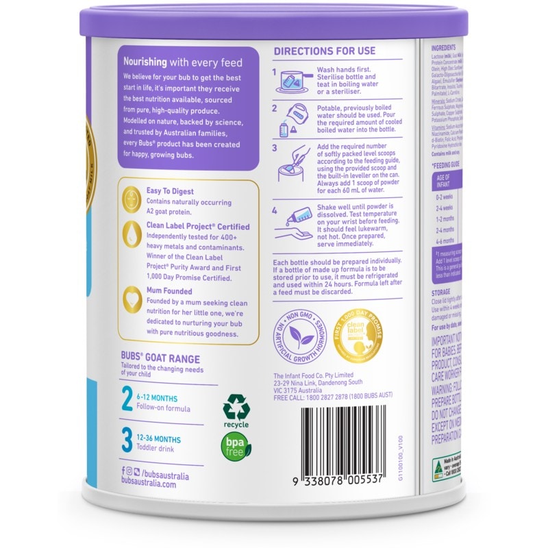 Buy Bubs Easy Digest Goat Milk Infant Formula Stage 1 800g