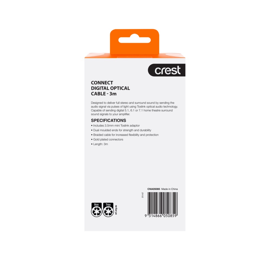 Crest Digital Audio Toslink to Toslink Cable 3m - Black
