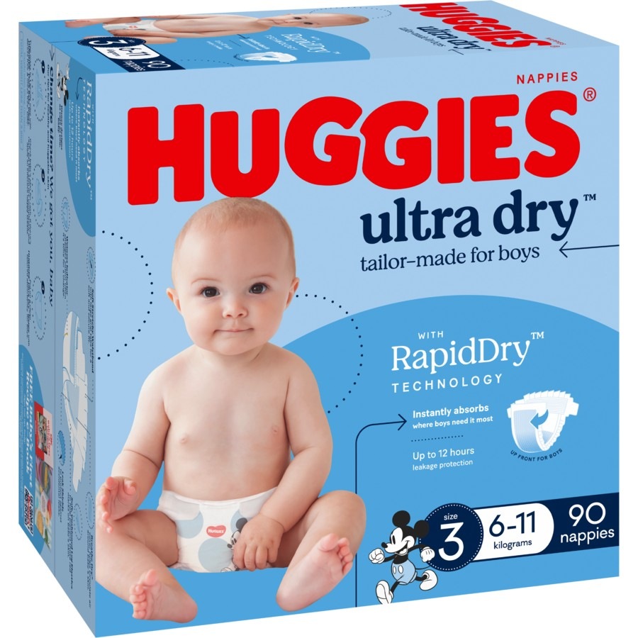 Huggies Ultra Dry Nappies Boys Size 3 (6-11kg) 90 Pack
