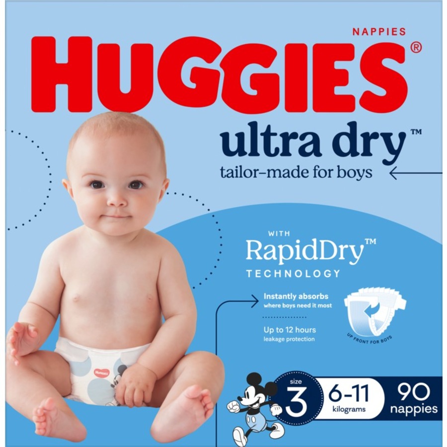 Huggies Ultra Dry Nappies Boys Size 3 (6-11kg) 90 Pack