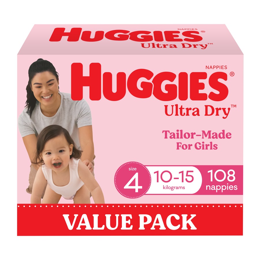 Huggies Ultra Dry Nappies Girls Size 4 (10 - 15kg) 108 Pack