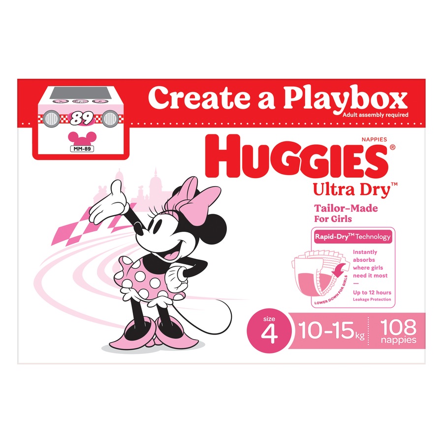Huggies Ultra Dry Nappies Girls Size 4 (10 - 15kg) 108 Pack