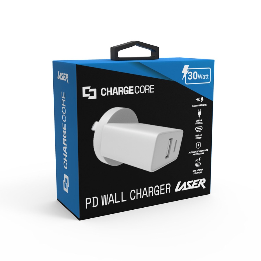 Laser ChargeCore USB-C 30W Dual PD Wall Charger - White