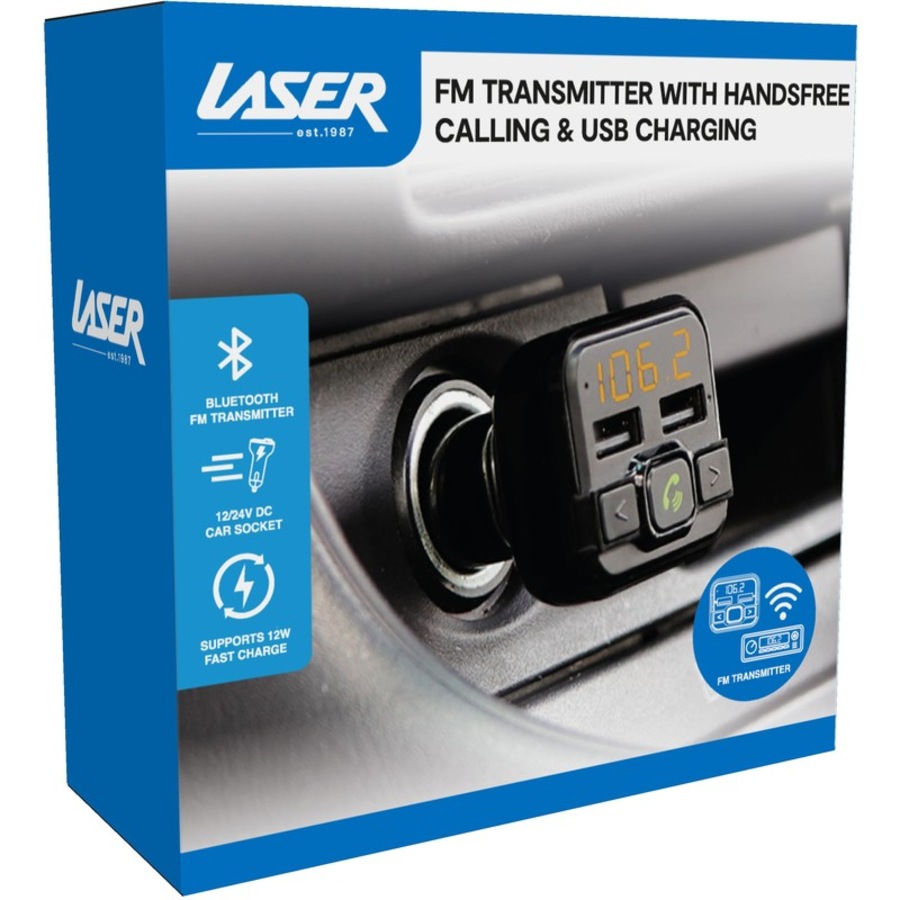 Laser FM Transmitter with Handsfree Calling & USB Charging 