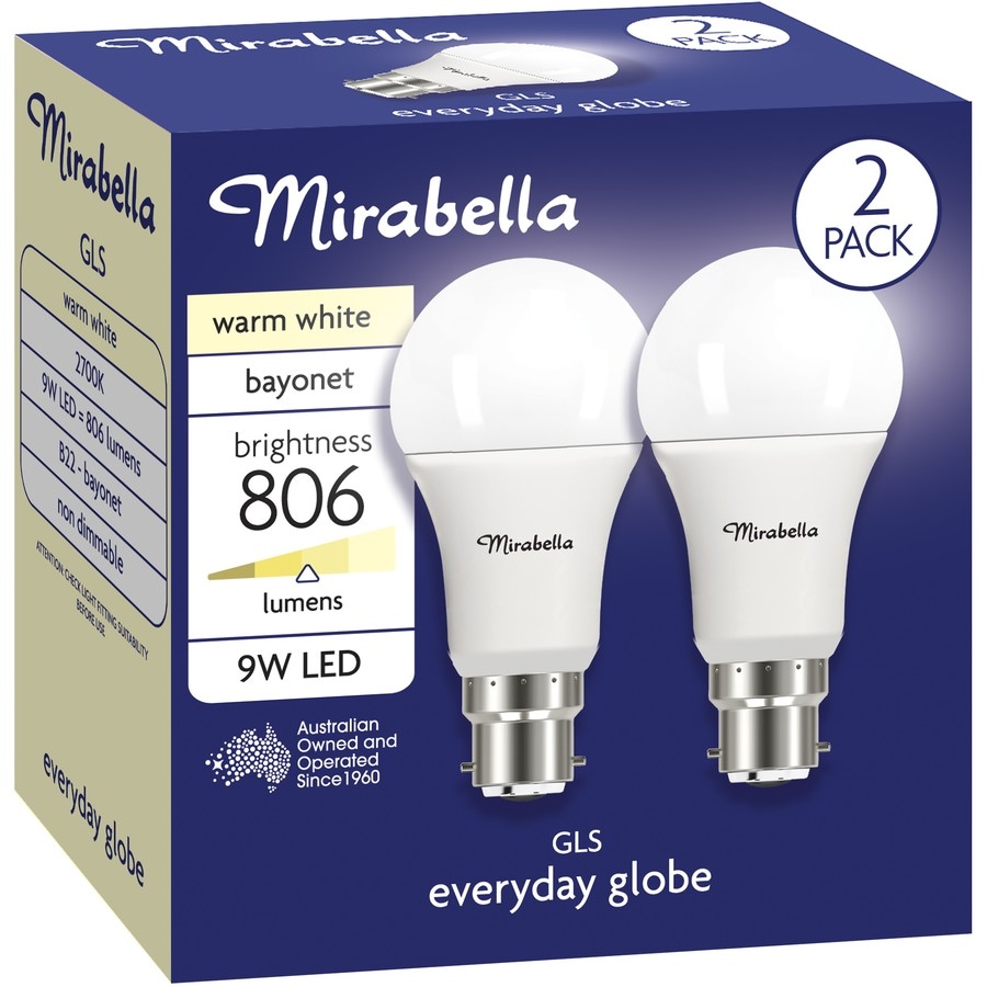 Mirabella LED GLS Bayonet 9W Warm White Globe 2 Pack