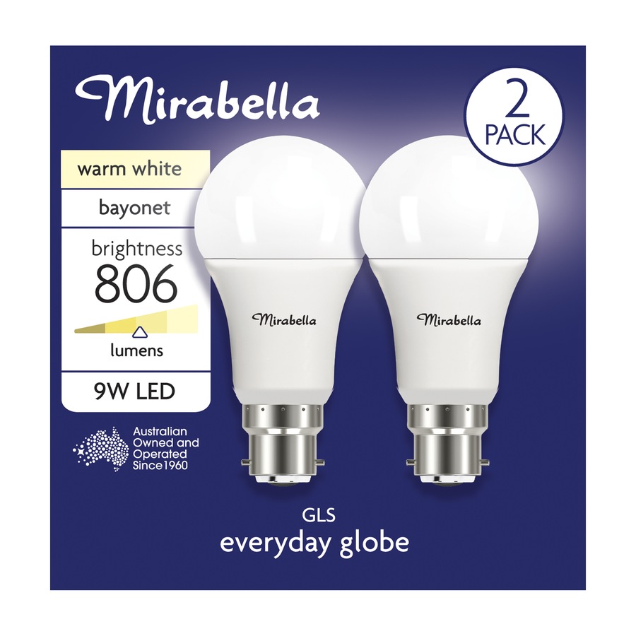 Mirabella LED GLS Bayonet 9W Warm White Globe 2 Pack