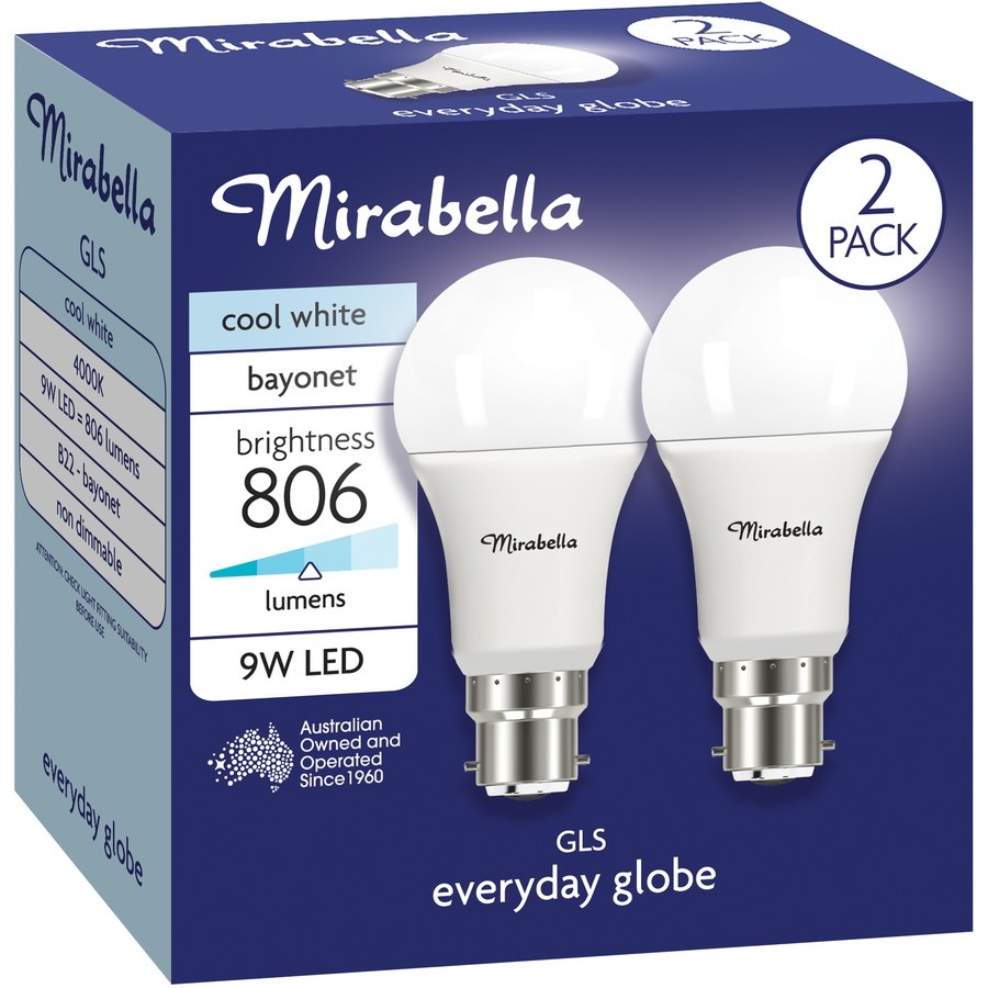 Mirabella LED GLS BC 9W Cool White Globe - 2 Pack