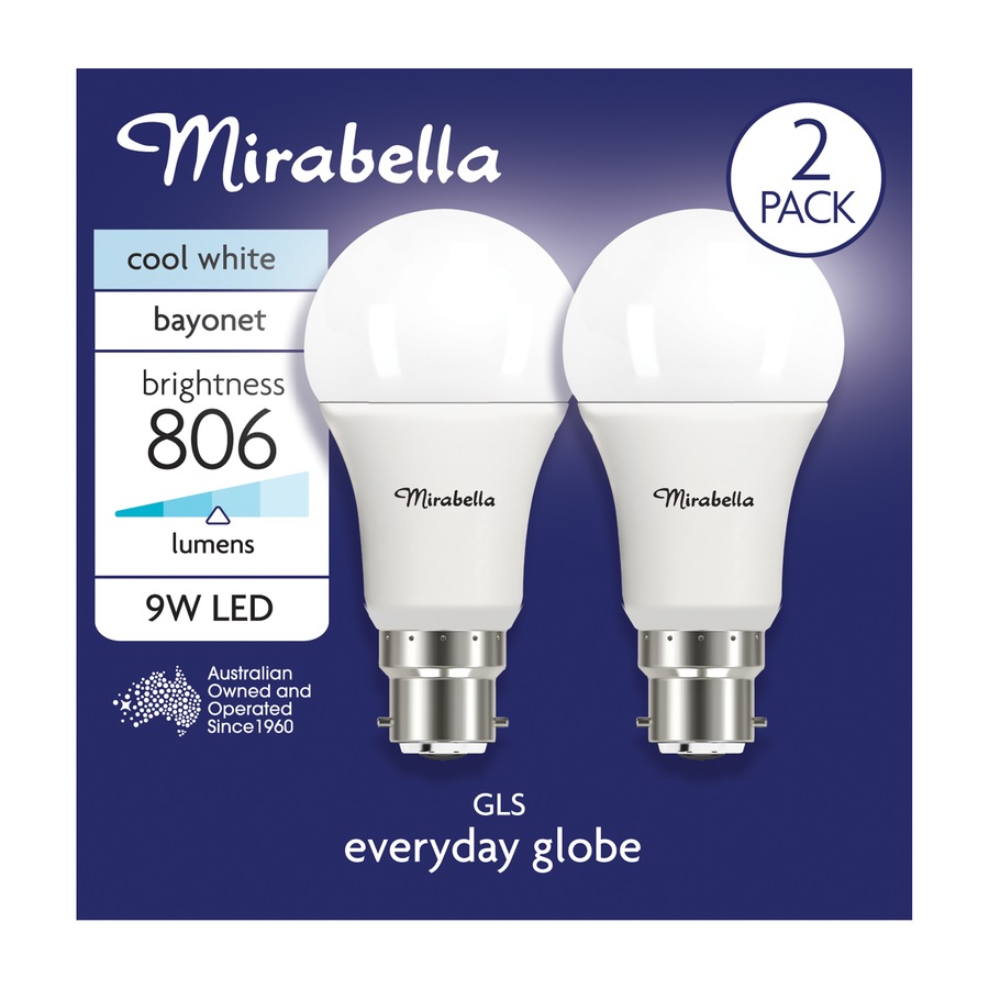 Mirabella LED GLS BC 9W Cool White Globe - 2 Pack