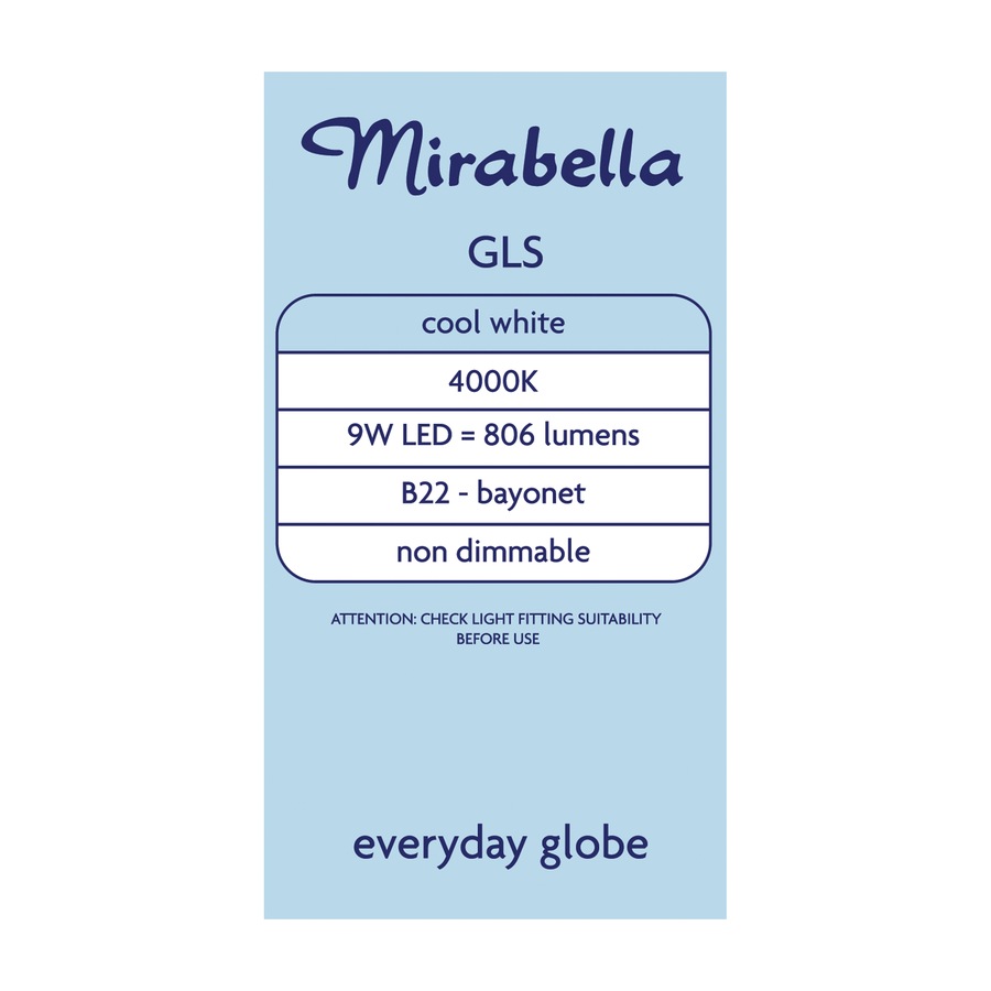 Mirabella LED GLS BC 9W Cool White Globe - 2 Pack