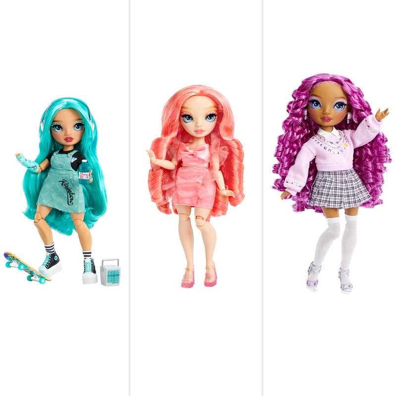 Rainbow High New Friends dolls 2023 Pinkly Paige, Lilac Lane, Blu Brooks 