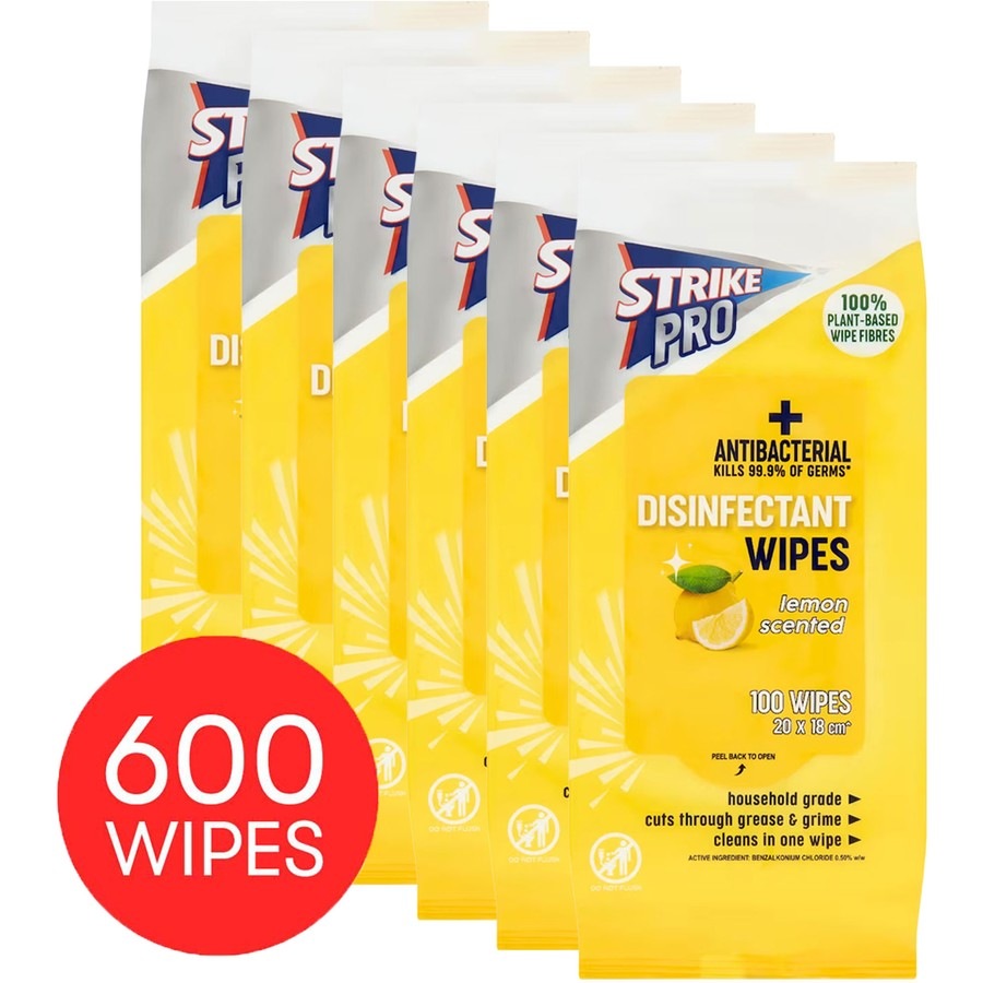 Strike Pro Disinfectant Wipes 100 Wipes x 6 Packs - Lemon
