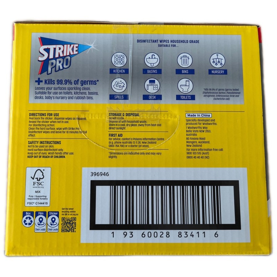 Strike Pro Disinfectant Wipes 100 Wipes x 6 Packs - Lemon