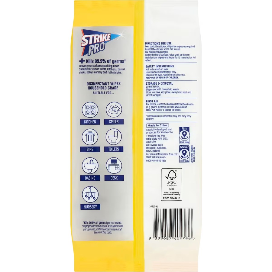 Strike Pro Disinfectant Wipes 100 Wipes x 6 Packs - Lemon