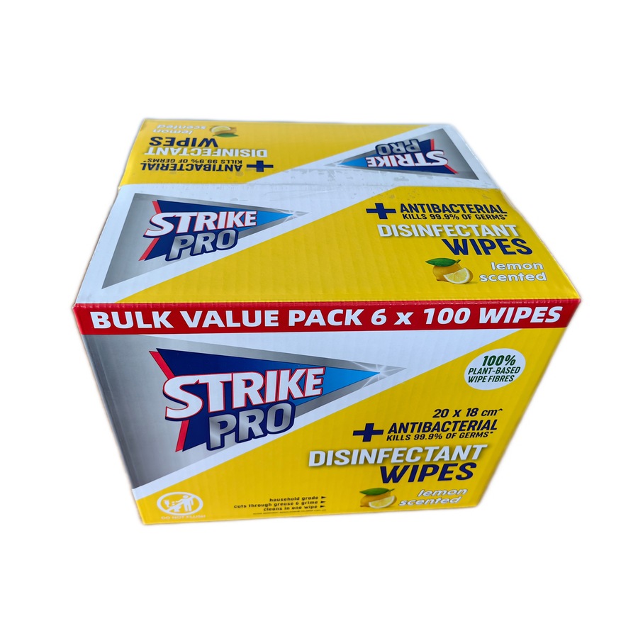 Strike Pro Disinfectant Wipes 100 Wipes x 6 Packs - Lemon