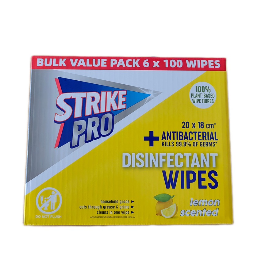 Strike Pro Disinfectant Wipes 100 Wipes x 6 Packs - Lemon