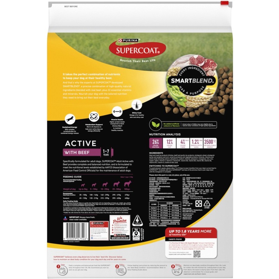 Supercoat Smartblend Adult Active Dog Food With Beef 12kg