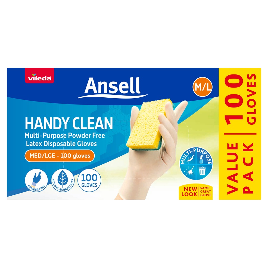 Vileda Ansell Handy Clean Multi-Purpose Latex Disposable Gloves 100 Pack - M/L