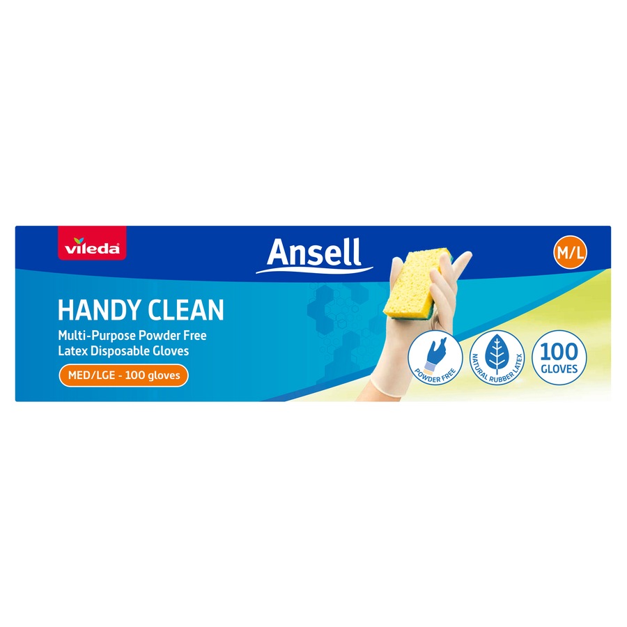 Vileda Ansell Handy Clean Multi-Purpose Latex Disposable Gloves 100 Pack - M/L