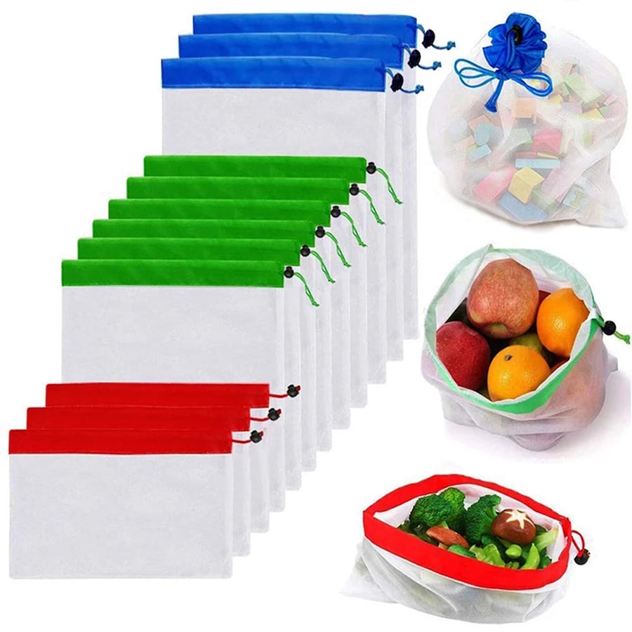 12 piece set of reusable mesh shopping bags fruit and vegetable storage bag
