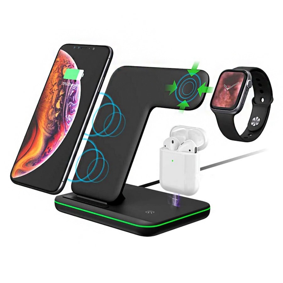 3-in-1 Wireless Electronics Charger Stand for iPhone 17 16e 16 15 14 13 12 11 X Pro Max & Apple Watch