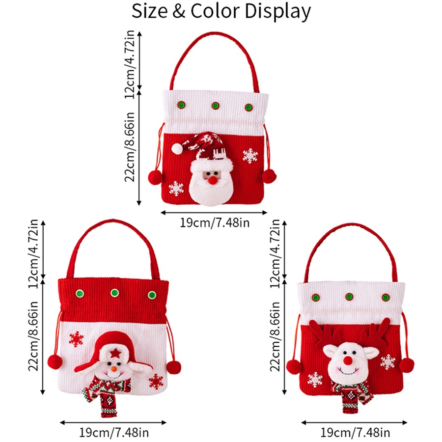 3Pack Christmas Candy Bag Santa Claus Deer Snowman Gift Bags Apple Bag Tote Bag