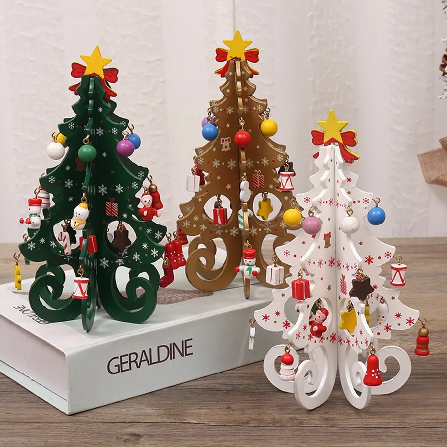 3Pcs Christmas Tree Handmade DIY Stereo Wooden Xmas Tree Decorations